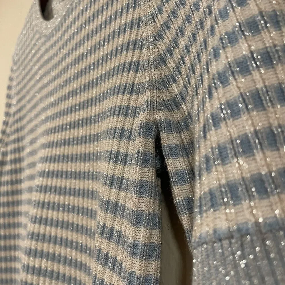 ~ Brooks Brothers XL Sweater Short Sleeved Striped Metallic Ribbed Knit Lt Blue